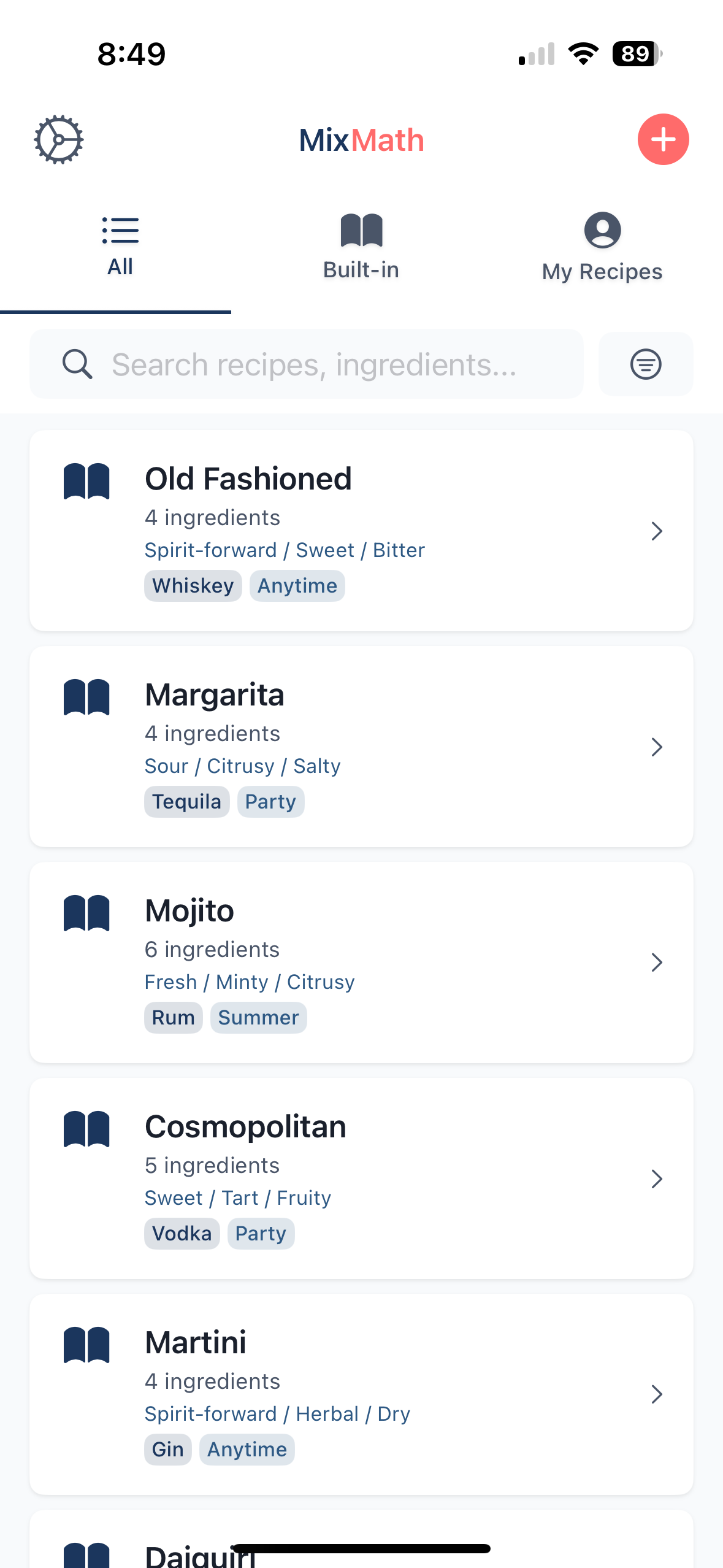 MixMath home screen showing recipe library